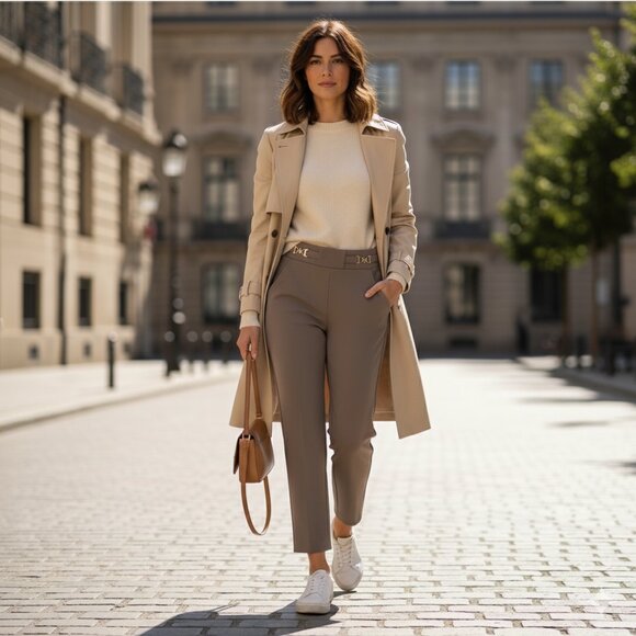 On Chio Women’s Dress Pants Gray Size M Straight Leg Trousers with Gold Buckle. - Picture 2 of 9